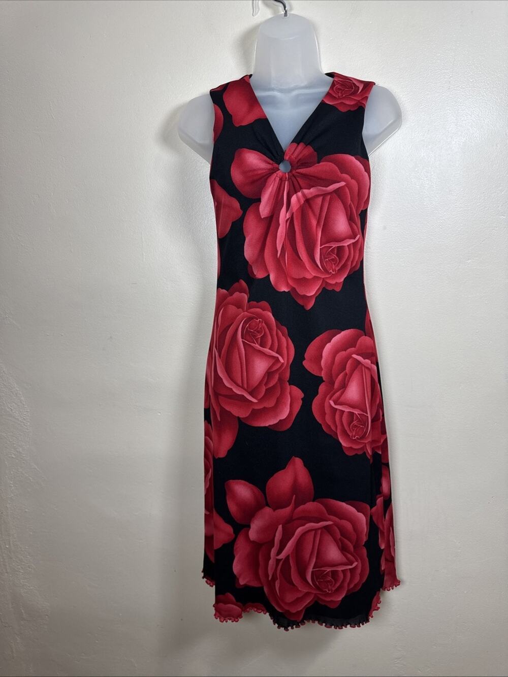VTG Womens Midi Dress Y2K 90s Dark Floral Roses Mesh Lettuce Hem Grunge M